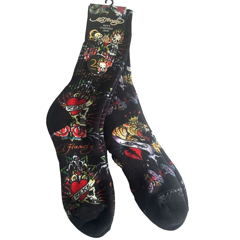 Ed Hardy Mens Cushioned Crew Socks Size 6-12 Skulls Hearts Tiger Roses Tattoo